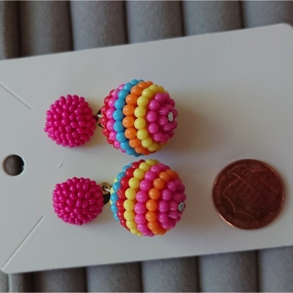 Seed Beaded Ball Drop Earrings - pink/yellow/light pink color combo - Picture 3 of 7